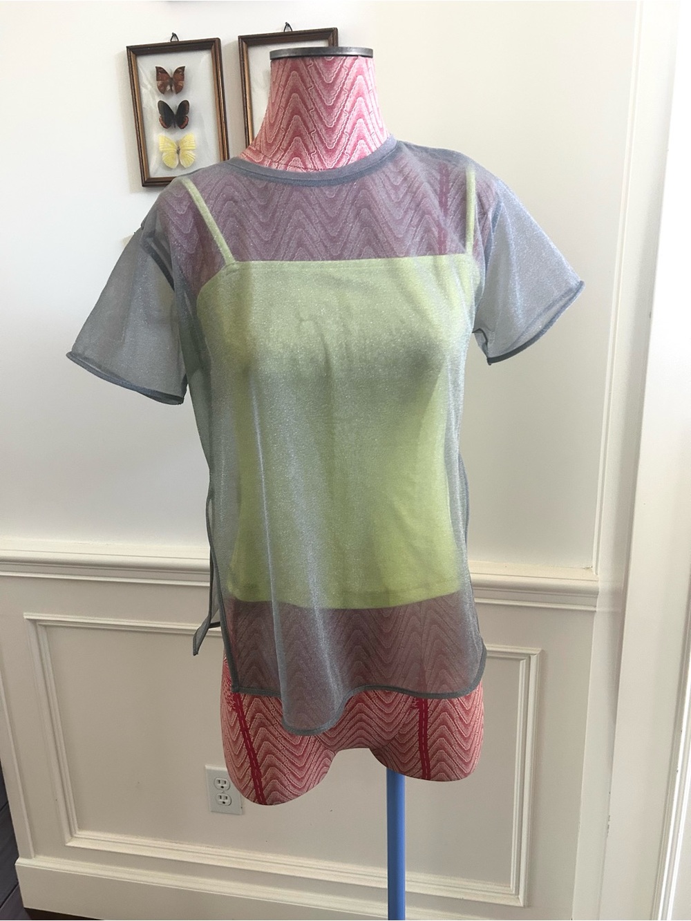 Anthropologie Sheer Metallic Gray Short-Sleeve Top with Lime Slip